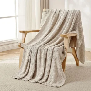 Chunky Cable Knit Throw Blanket, Lightweight 100 Organic Cotton Soft Cozy Throw Twin Blanket for Couch Bed and Sofa, Rustic Brea