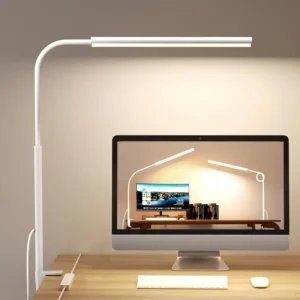 LED Desk Lamp with Clamp - Flexible Gooseneck - 5 Lighting Modes, 11 Brightness Levels, Timer & Memory, Eye-Comfort Study/Nail Light, 12W Adapter Included - White