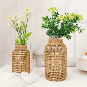 1Pc Woven Cylindrical Glass Vase, Home Desktop Decorative Planter