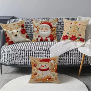 Christmas Pillow Covers 4 Pcs Set Reindeer Christmas Tree Snowflakes Santa Claus Pillow Cases