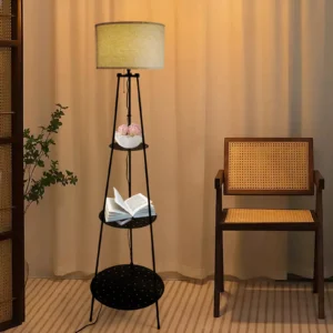 3 Tier Shelf Floor Lamp Black & Beige Iron Standing Lamp, 3 Color Lighting Compatible E26 Bulb,